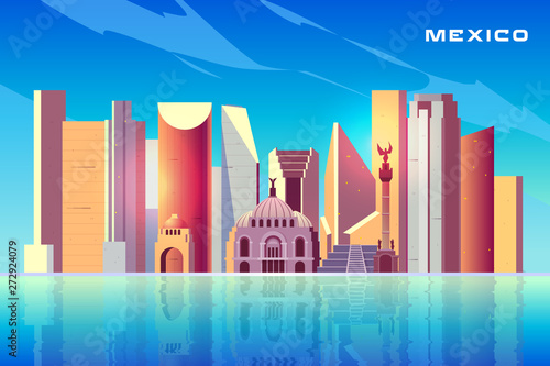 Mexico city skyline cartoon vector background with modern skyscrapers  historical buildings  architecture touristic attractions  important cultural landmarks reflecting in water surface illustration