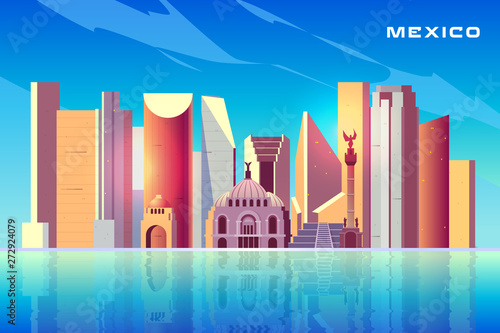 Mexico city skyline cartoon vector background with modern skyscrapers, historical buildings, architecture touristic attractions, important cultural landmarks reflecting in water surface illustration