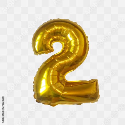 Vector realistic metallic gold letter balloon. Number two