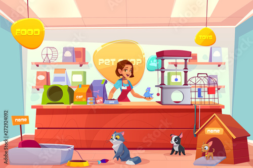 Modern pet shop interior cartoon vector concept. Happy smiling female salesperson in apron, standing behind counter with goods, holding parrot on hand, cats and dogs playing toys on floor illustration