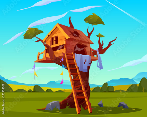 Abandoned house on tree, empty scary children playground, old treehouse with broken wooden ladder, holes with spiderweb on roof on beautiful summer landscape background. Cartoon vector illustration