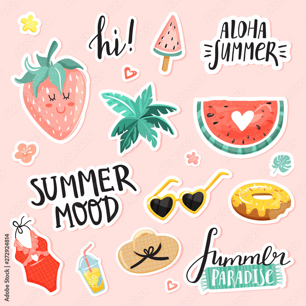 Set of summer cute stickers. Sunglasses, cocktail, watermelon, hat