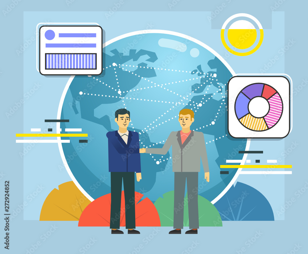 Globalization, worldwide business concept. People handshake and stand near big earth globe. Poster for presentation, web page, banner, social media. Flat design vector illustration Globalization, worldwide business concept. People handshake and stand near big earth globe. Poster for presentation, web page, banner, social media. Flat design vector illustration