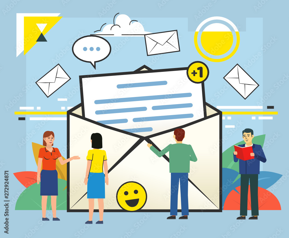 Email, messenger application concept. People stand near big envelope, letter. Poster for social media, web page, banner, presentation. Flat design vector illustration Email, messenger application concept. People stand near big envelope, letter. Poster for social media, web page, banner, presentation. Flat design vector illustration