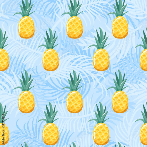 Modern seamless pattern with pineapple and palm leaves. Summer vibes. Vector texture for textile, postcard, wrapping paper, packaging etc. Vector illustration.