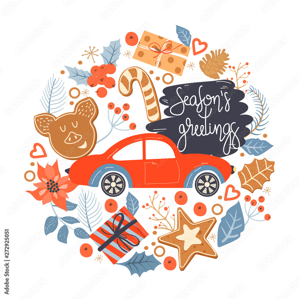 Fototapeta premium Christmas and Happy New Year greeting card with retro car, Christmas gift, cookies; holly leaves and lettering. Vector design template.