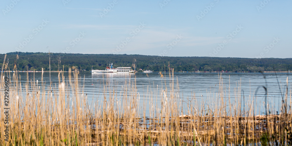 Panorama of Lake Ammersee (Bavaria, Germany) with paddle steamer / ship Panorama of Lake Ammersee (Bavaria, Germany) with paddle steamer / ship