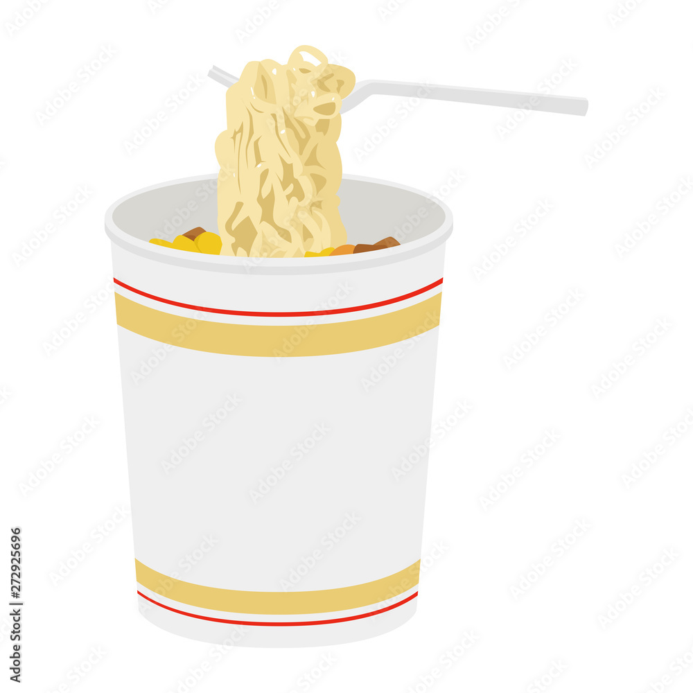 カップ麺のイラスト コンビニで売ってるインスタントラーメン フォークで麺を食べる Stock Vector Adobe Stock