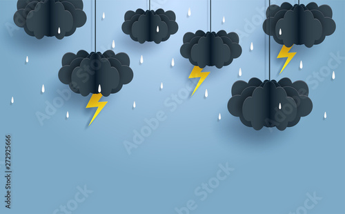 Monsoon, Rainy Season background . cloud rain and thunderbolt  hanging on blue sky. paper art style.vector.