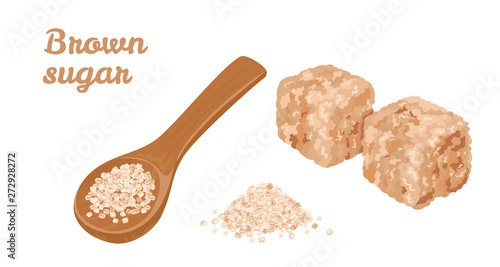 Cane sugar set. Brown cane sugar cubes and  sand sugar in wooden spoon isolated on white background. Vector illustration of natural sweets in cartoon flat style.