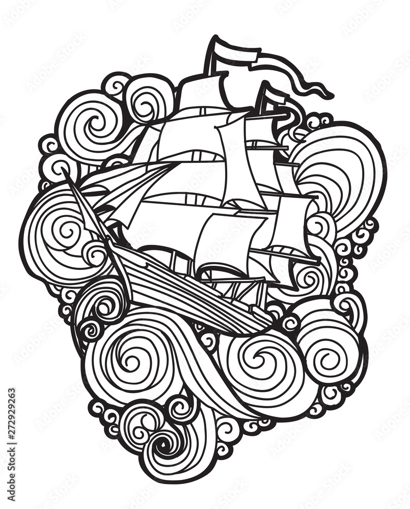 Tattoo art Boat in the waves with line art illustration isolated on white background.