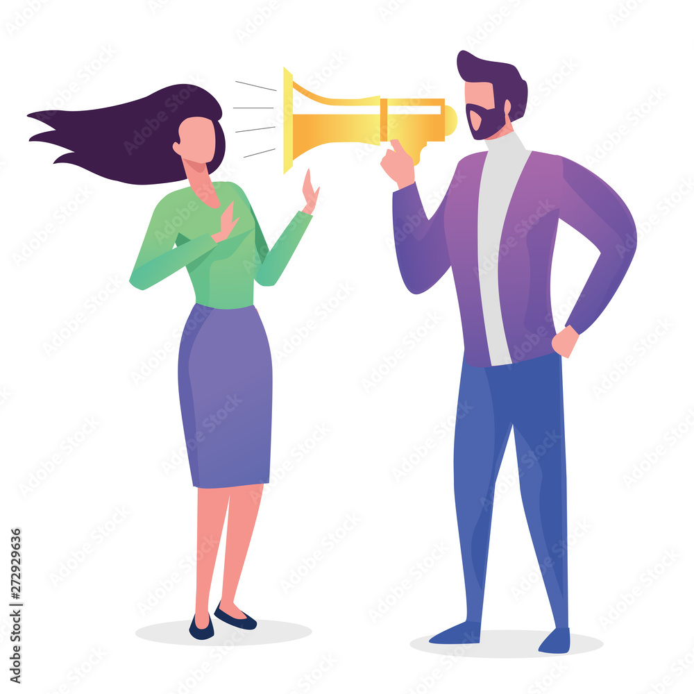 The man yelling at a woman in the mouthpiece. Criticism. Flat vector concept illustration. The man yelling at a woman in the mouthpiece. Criticism. Flat vector concept illustration.