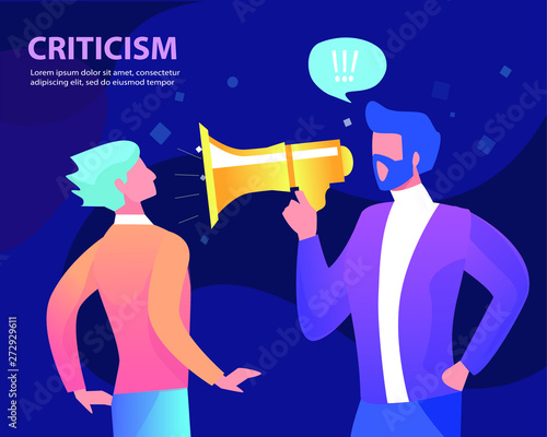 The man shouts at another man in the mouthpiece. Criticism. Flat vector concept illustration.