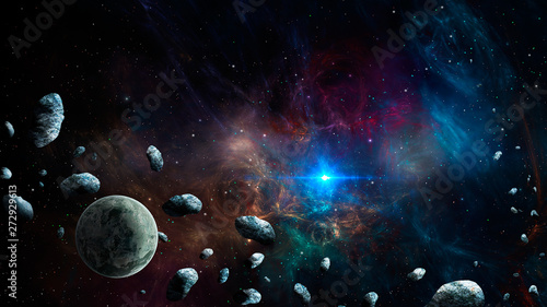 Fototapeta Naklejka Na Ścianę i Meble -  Space scene. Planet with asteroid and colorful fractal nebula. Elements furnished by NASA. 3D rendering