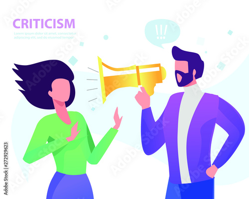 The man yelling at a woman in the mouthpiece. Criticism. Flat vector concept illustration.