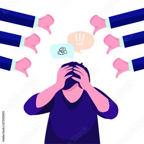 Vector illustration business concept designed as a man kneeling and others pointing at him.  Criticized, blamed.  Flat vector concept illustration.