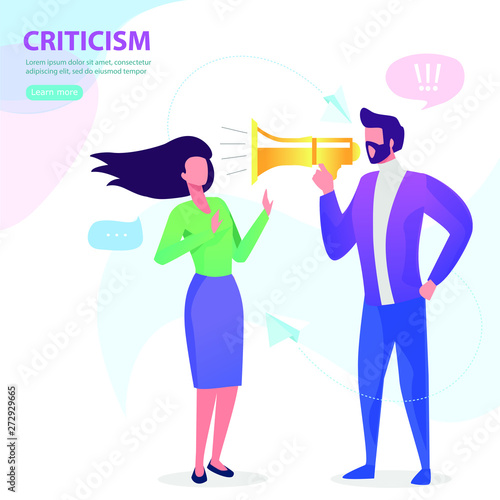 The man yelling at a woman in the mouthpiece. Criticism. Flat vector concept illustration.