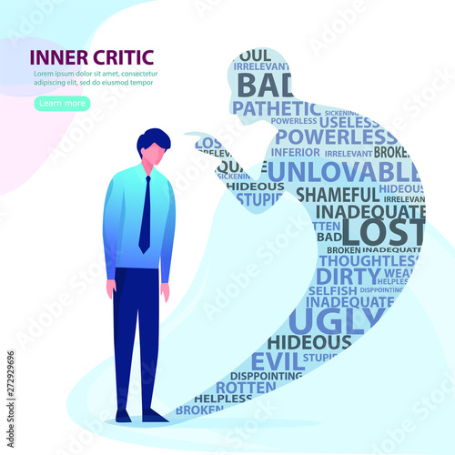 Internal critic. The man and his shadow. Flat vector concept illustration