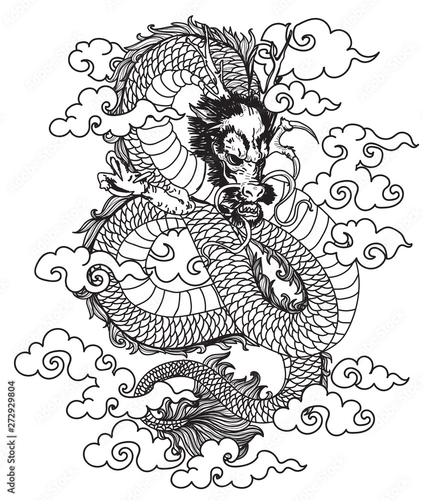 Tattoo art dragon hand drawing and sketch with line art illustration isolated on white background. Tattoo art dragon hand drawing and sketch with line art illustration isolated on white background.