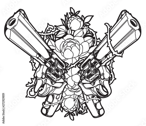 Tattoo art guns and flower hand drawing and sketch black and white with line art illustration isolated on white background.