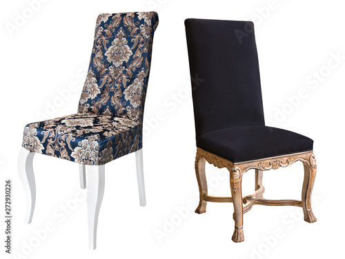 Two vintage white wooden chairs with blue and black upholstery.