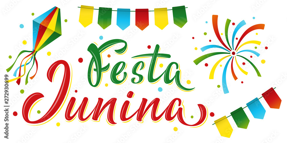 Festa Junina lettering text June party in Brazilian. Brazil tradition harvest festival. Village carnival. Festival fire, paper lantern and garland. Vector illustration for poster, banner, flyer Festa Junina lettering text June party in Brazilian. Brazil tradition harvest festival. Village carnival. Festival fire, paper lantern and garland. Vector illustration for poster, banner, flyer