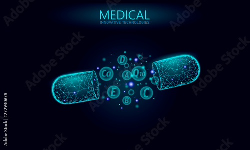 Multi vitamin complex low poly capsule. Health supplement skin care bodybuilding anti-aging pharmacy banner template. 3D coenzyme Q10, A, B, C, D. Medicine science vector illustration