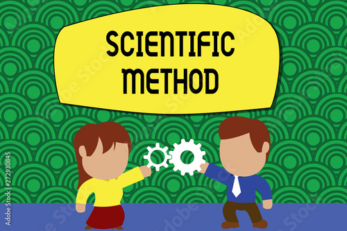 Word writing text Scientific Method. Business concept for Principles Procedures for the logical hunt of knowledge Standing young couple sharing gear. Man tie woman skirt commerce relation.