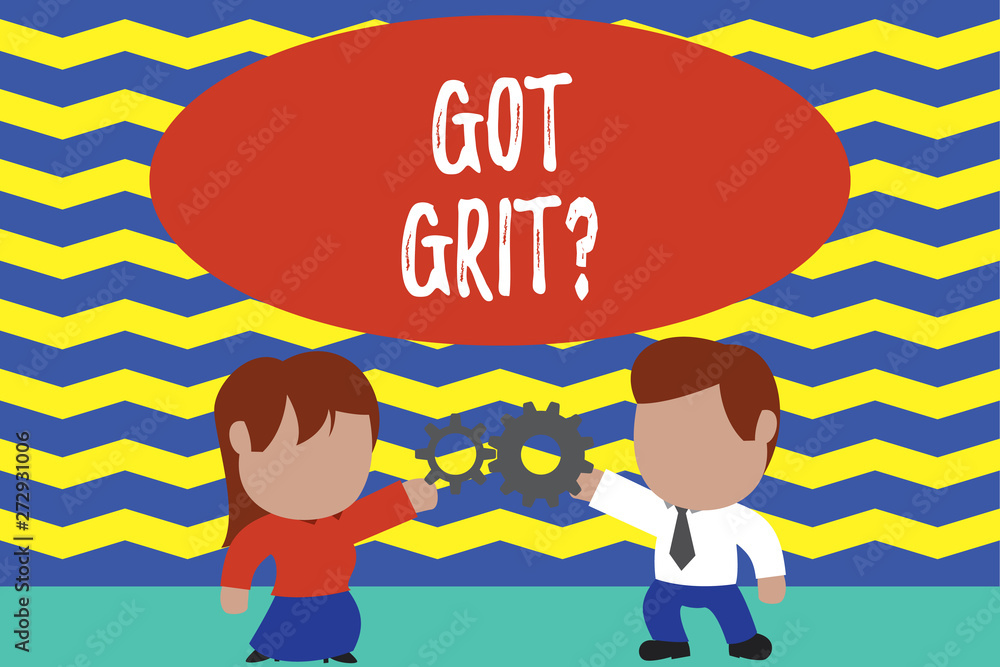 Conceptual hand writing showing Got Grit Question. Business photo text A hardwork with perseverance towards the desired goal Young couple sharing gear Man tie woman skirt relation. Conceptual hand writing showing Got Grit Question. Business photo text A hardwork with perseverance towards the desired goal Young couple sharing gear Man tie woman skirt relation.