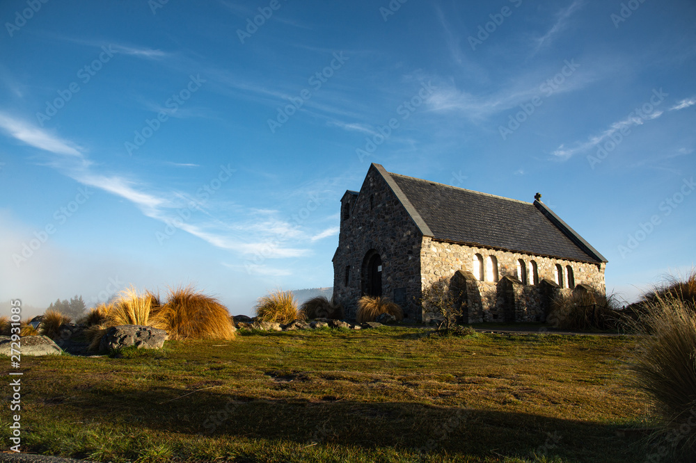 Obraz premium Remarkable scene of Church of Good Shepherd with blue sky on the bright sunny day background.