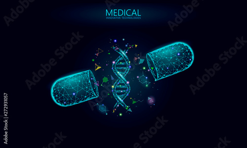 Opened drug capsule medicine business concept. DNA gene therapy blue medicament prebiotic probiotic ball health care cure illness. Antibiotic vitamin medical nutrition low poly vector illustration photo