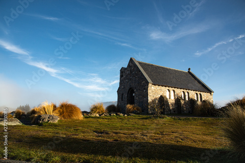 Remarkable scene of Church of Good Shepherd with blue sky on the bright sunny day background.