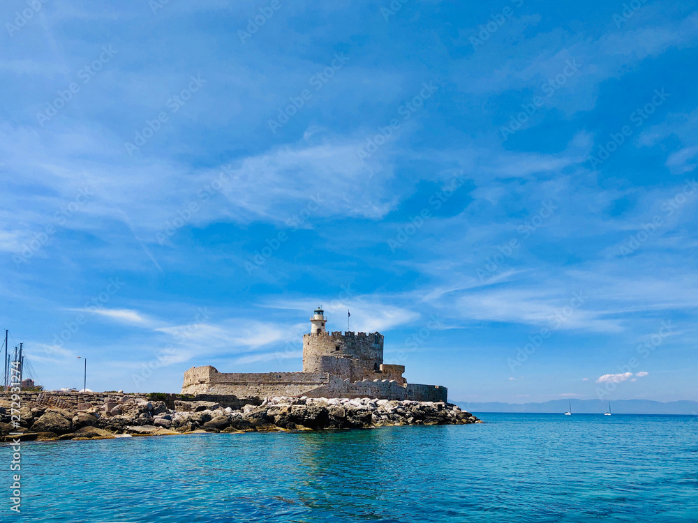 Agios Nikolaos fortress on the Mandraki harbour of Rhodes, Greece