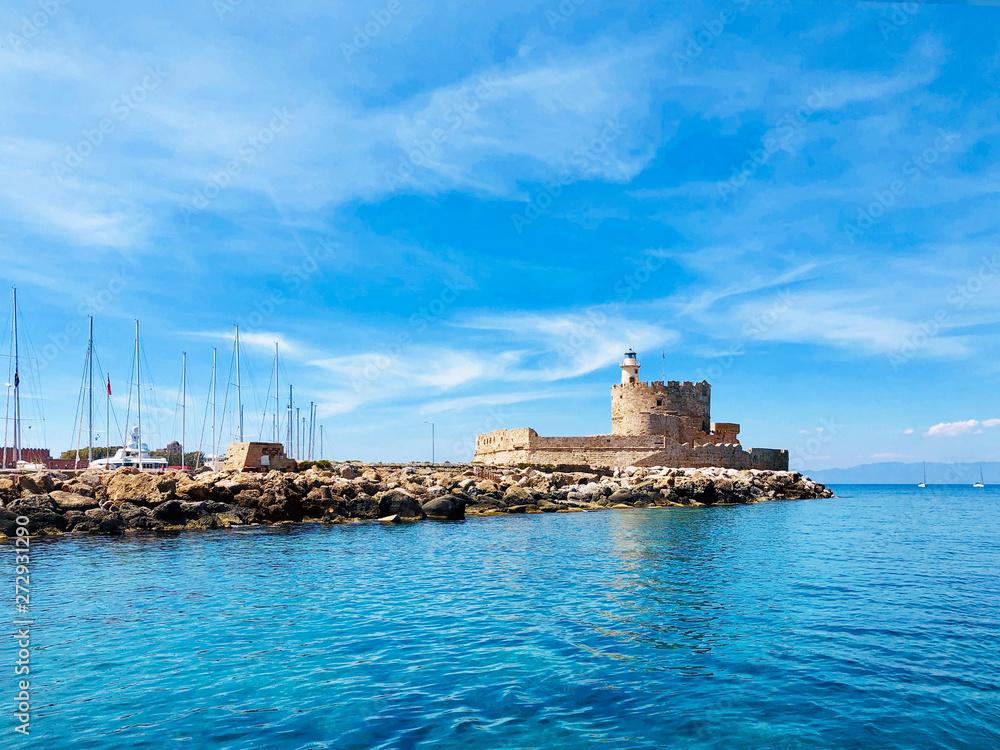 Agios Nikolaos fortress on the Mandraki harbour of Rhodes, Greece