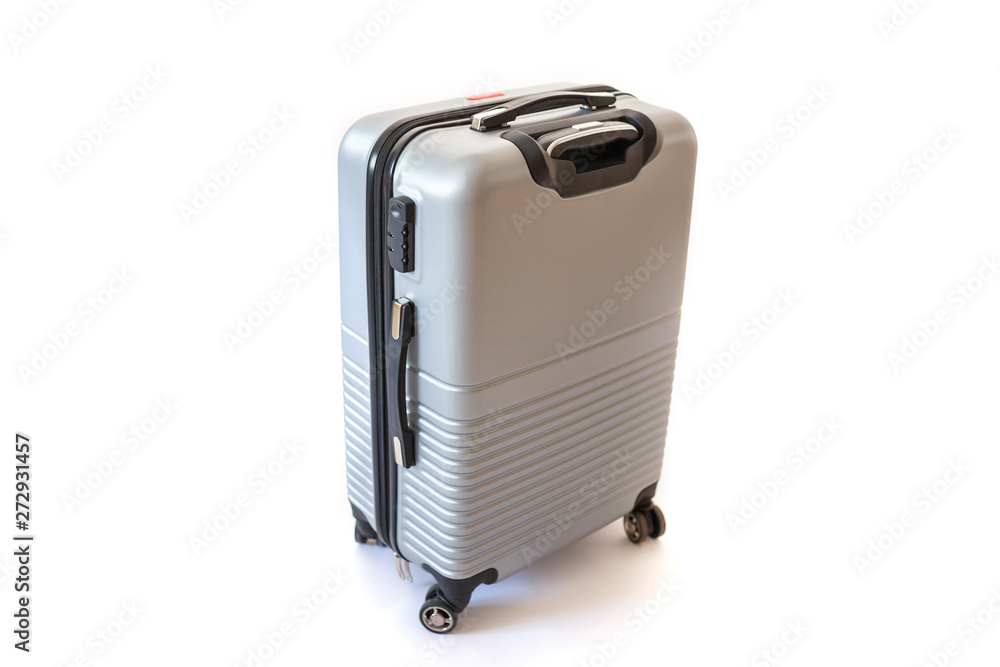 One suitcase isolated on white background. Polycarbonate suitcase isolated on white. Grey suitcase One suitcase isolated on white background. Polycarbonate suitcase isolated on white. Grey suitcase