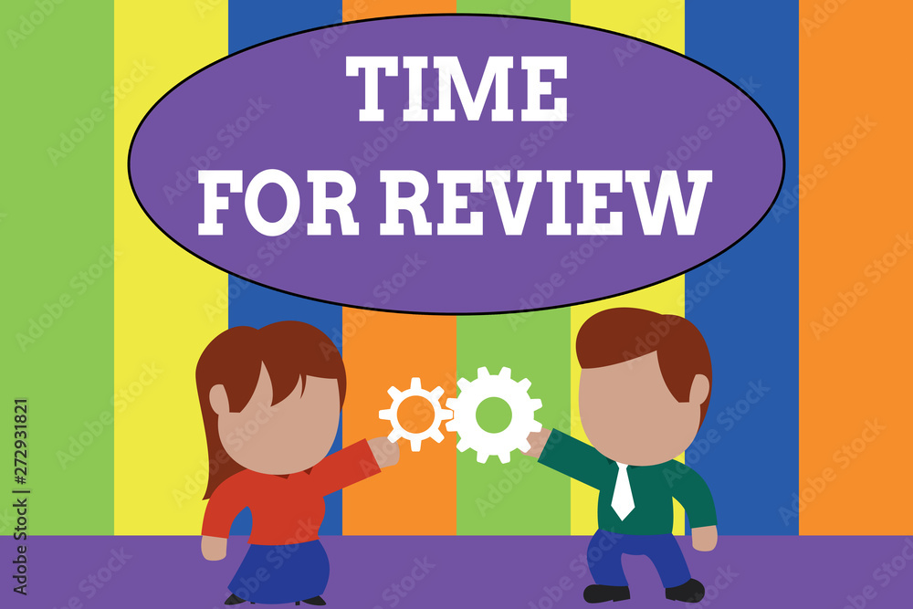 Text sign showing Time For Review. Conceptual photo review of a system or situation in its formal examination Standing young couple sharing gear. Man tie woman skirt commerce relation.