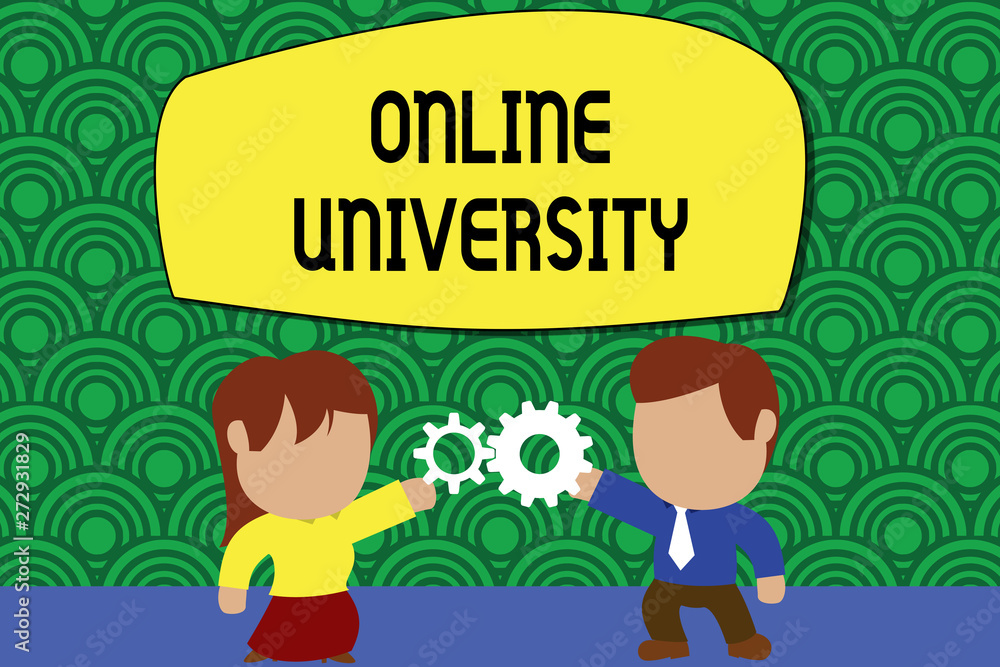 Word writing text Online University. Business concept for Distance Learning Courses are taken over the internet Standing young couple sharing gear. Man tie woman skirt commerce relation. Word writing text Online University. Business concept for Distance Learning Courses are taken over the internet Standing young couple sharing gear. Man tie woman skirt commerce relation.