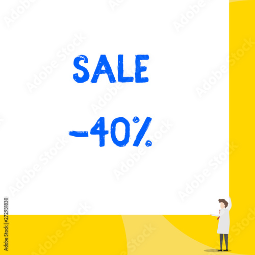 Writing note showing Sale 40 Percent. Business photo showcasing A promo price of an item at 40 percent markdown Young woman holding two hands right corner big rectangle. photo