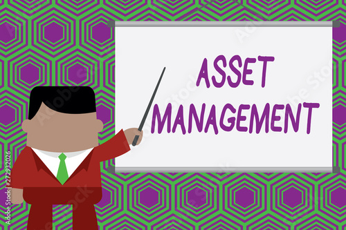 Conceptual hand writing showing Asset Management. Business photo showcasing systematic process of operating and disposing of assets Businessman standing in projector pointing project idea. © Artur