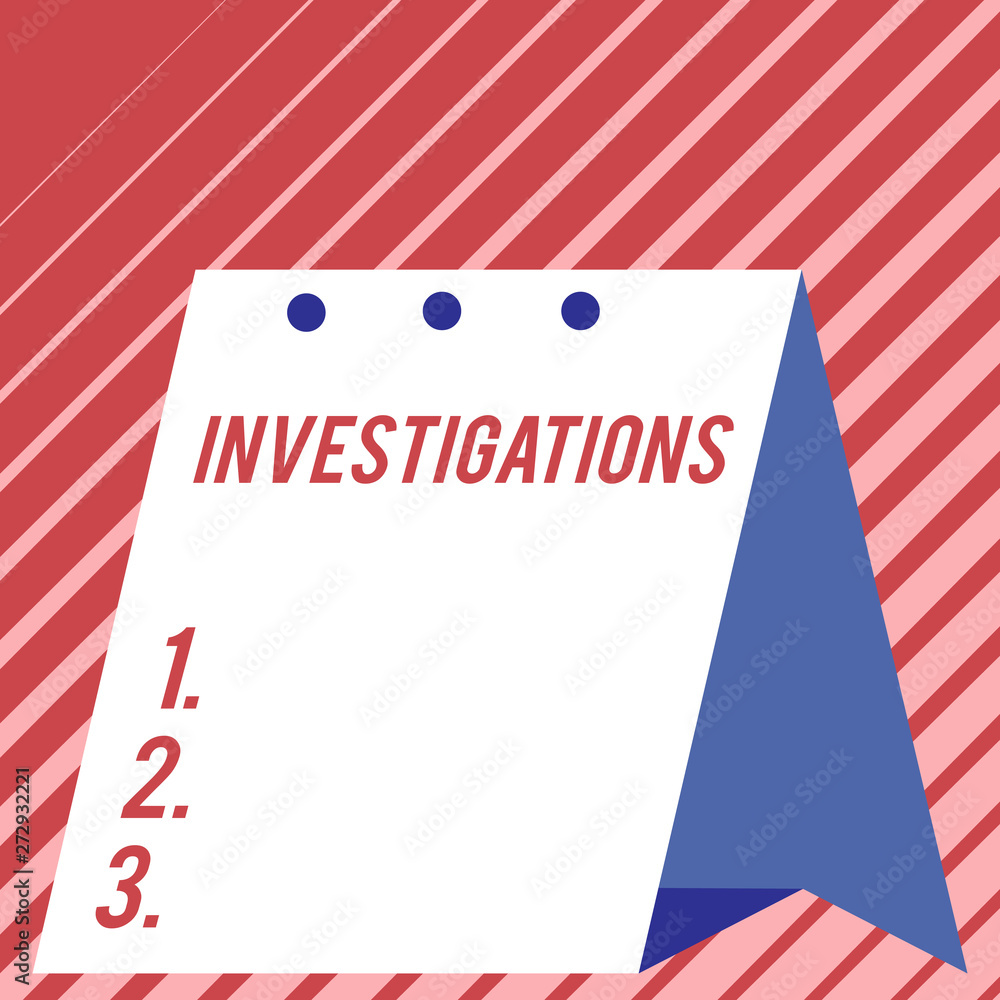 Text sign showing Investigations. Conceptual photo The formal action or systematic examination about something Modern fresh and simple design of calendar using hard folded paper material.