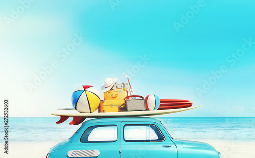 Small retro car with baggage, luggage and beach equipment on the roof, fully packed, ready for summer vacation, concept of a road trip with family and friends, dream destination, very vivid colors