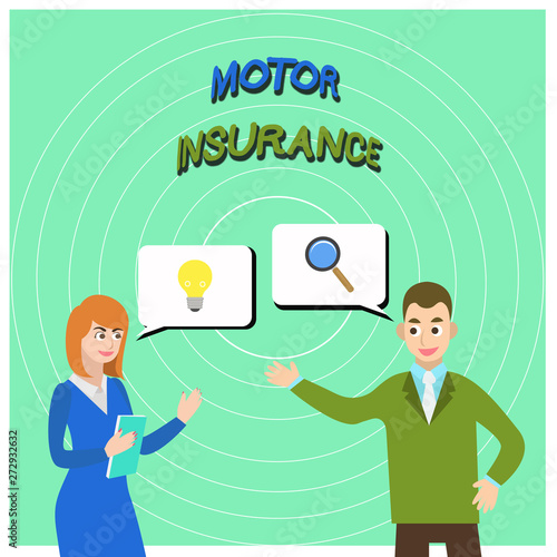 Conceptual hand writing showing Motor Insurance. Concept meaning Provides financial compensation to cover any injuries Business Partners Colleague Jointly Seeking Problem Solution
