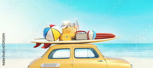 Small retro car with baggage, luggage and beach equipment on the roof, fully packed, ready for summer vacation, concept of a road trip with family and friends, dream destination, very vivid colors