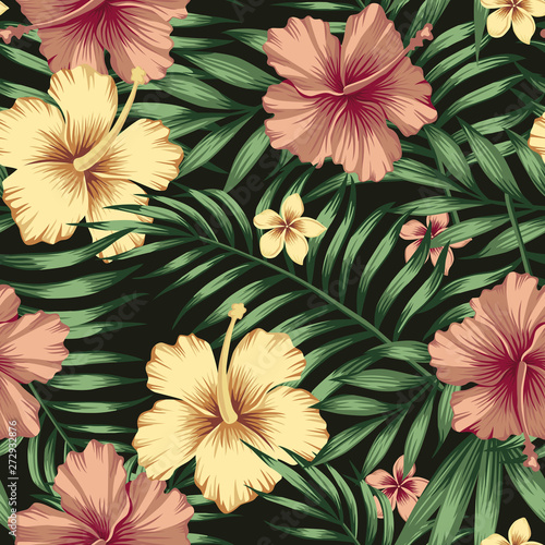 Golden burgundy hibiscus plumeria leaves seamless black background