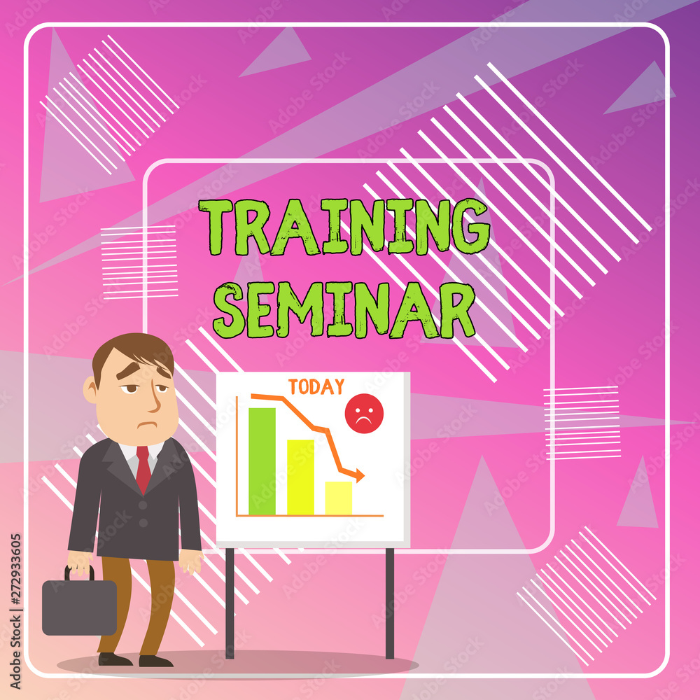 Word writing text Training Seminar. Business photo showcasing Academic instruction Formal presentation of a research Businessman Clerk with Brief Case Standing Whiteboard Declining Bar Chart Word writing text Training Seminar. Business photo showcasing Academic instruction Formal presentation of a research Businessman Clerk with Brief Case Standing Whiteboard Declining Bar Chart