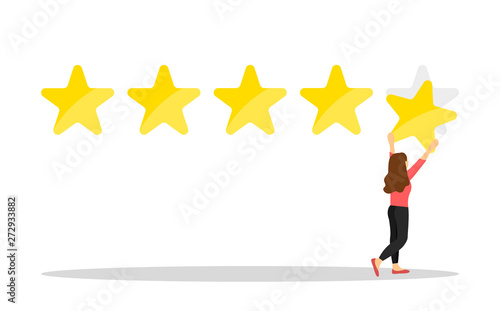 Woman customer giving five star rating. Customer Review. Feedback.