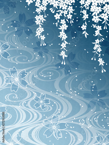 和柄　桜と流水文の背景素材/青