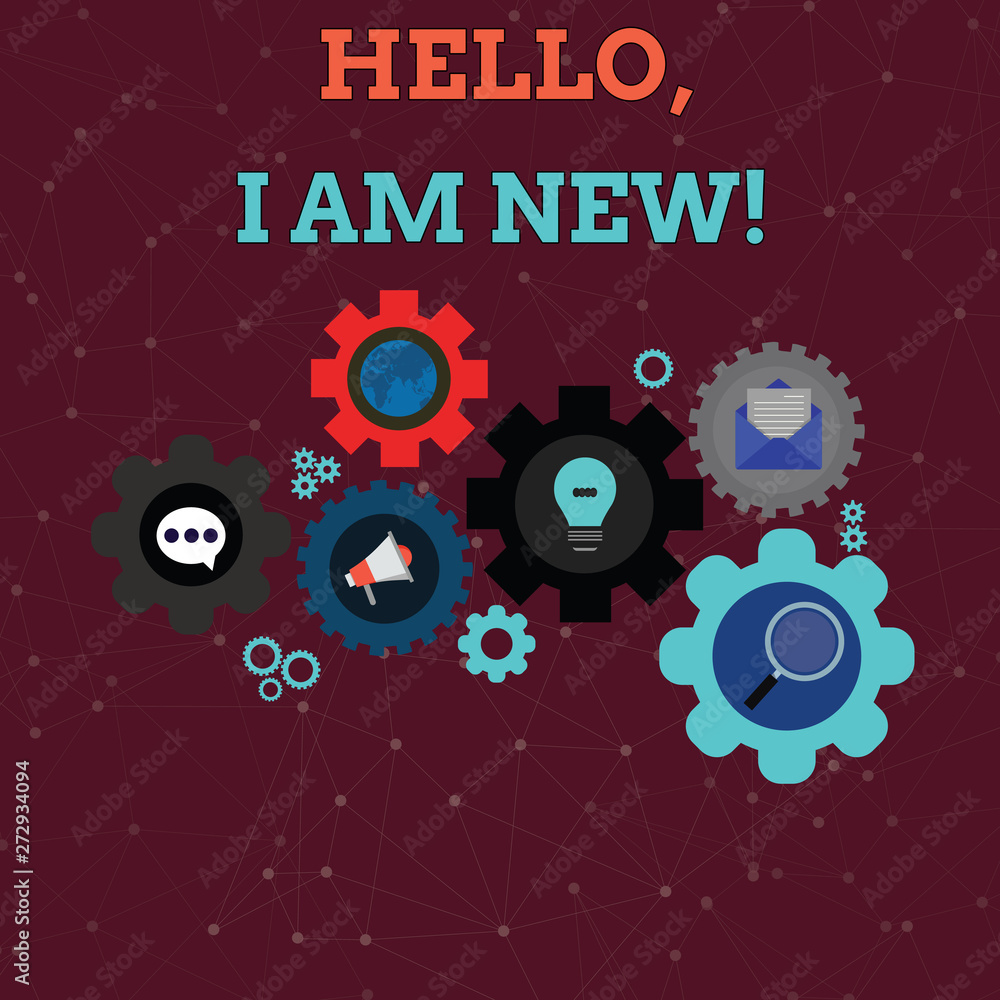 Obraz premium Handwriting text Hello I Am New. Conceptual photo introducing oneself in a group as fresh worker or student Set of Global Online Social Networking Icons Inside Colorful Cog Wheel Gear