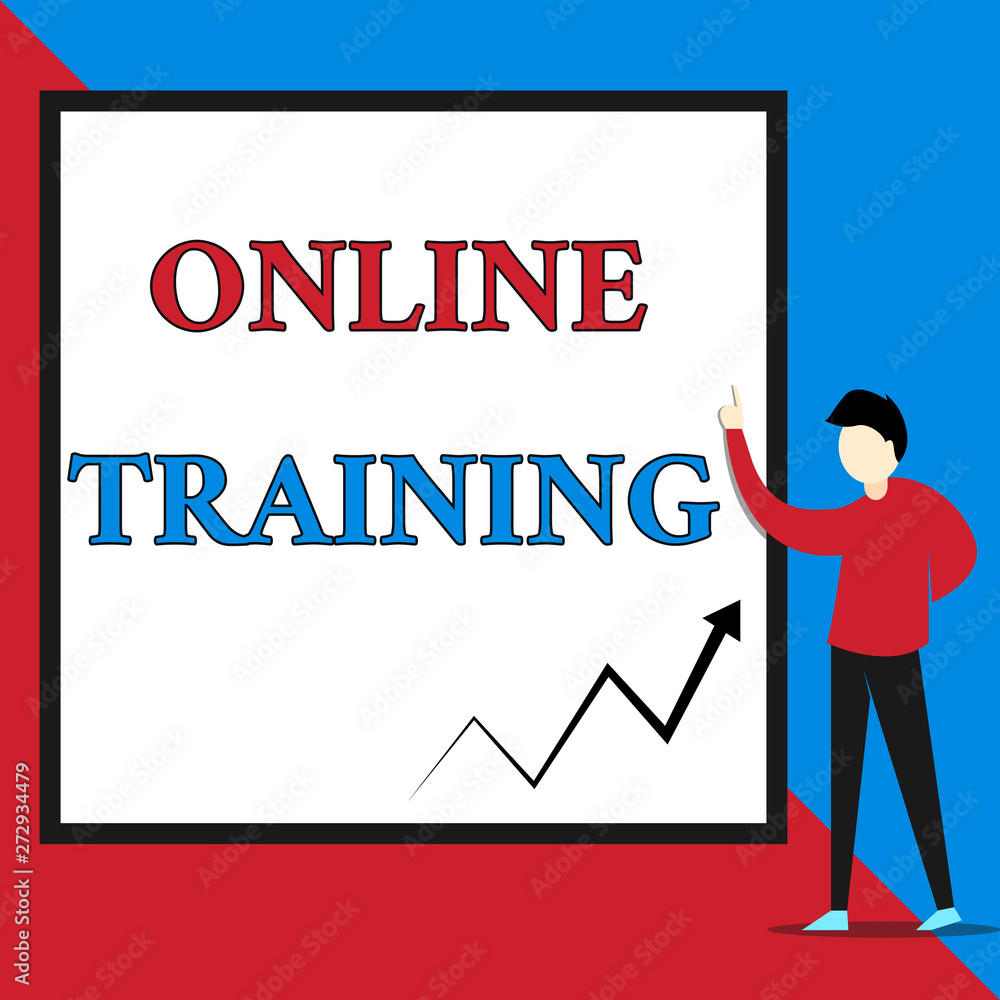 Text sign showing Online Training. Business photo text Take the education program from the electronic means View young man standing pointing up blank rectangle Geometric background Text sign showing Online Training. Business photo text Take the education program from the electronic means View young man standing pointing up blank rectangle Geometric background