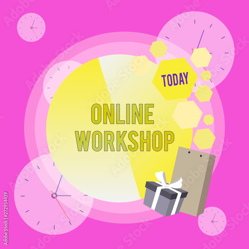 Conceptual hand writing showing Online Workshop. Concept meaning shows of goods and commodities over the electronic websites Greeting Card Poster Gift Package Box Decorated by Bowknot